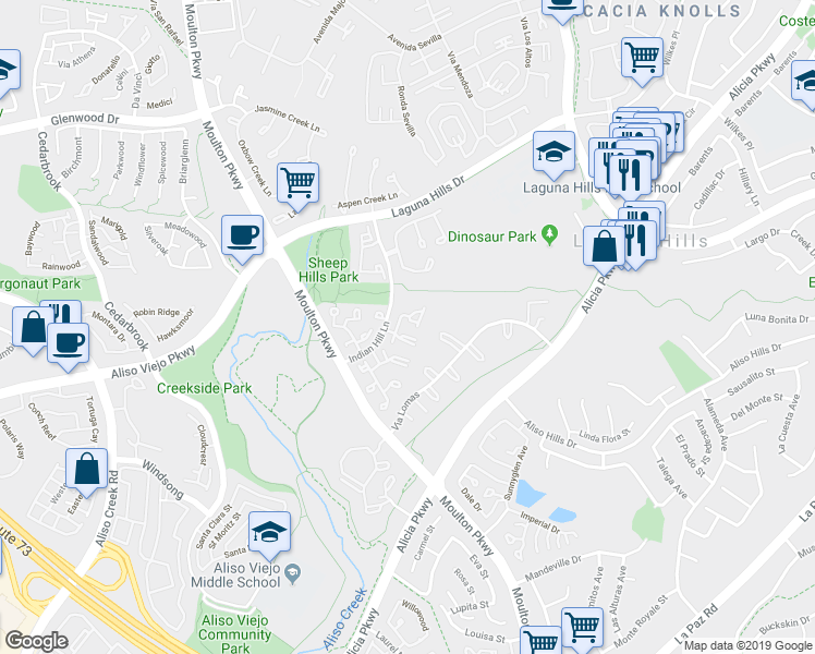 map of restaurants, bars, coffee shops, grocery stores, and more near 31 Clover Hill Lane in Laguna Hills