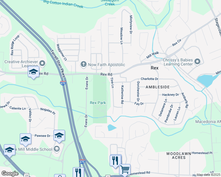 map of restaurants, bars, coffee shops, grocery stores, and more near 3545 Charlotte Drive in Rex