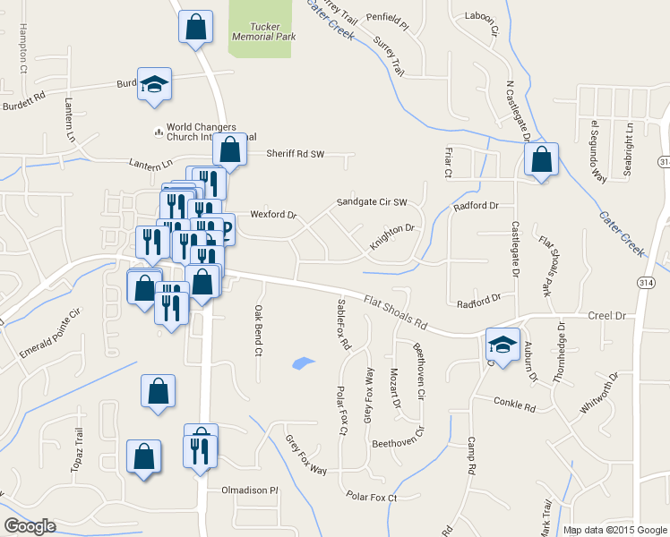 map of restaurants, bars, coffee shops, grocery stores, and more near 2230 Knighton Drive in College Park