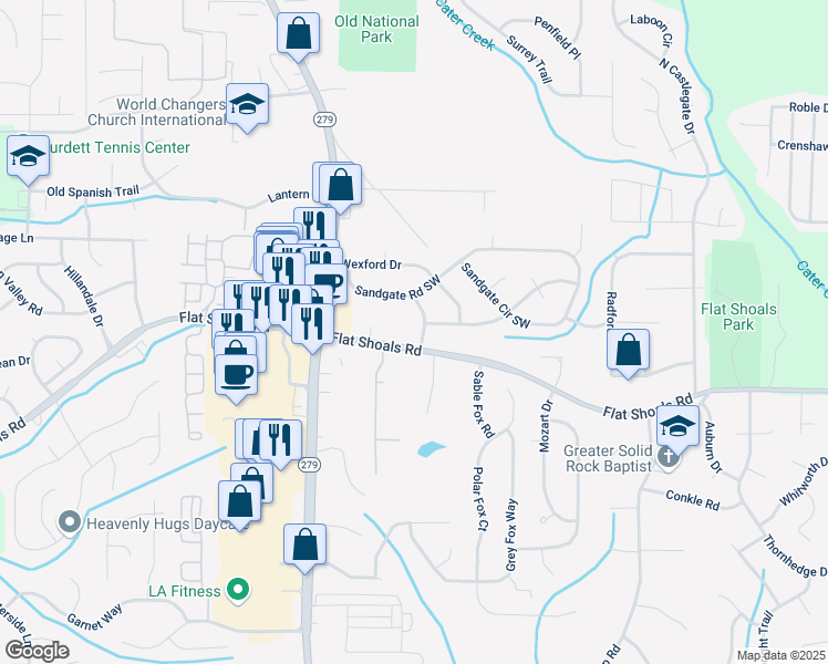 map of restaurants, bars, coffee shops, grocery stores, and more near 6125 Dunbritan Lane in Atlanta