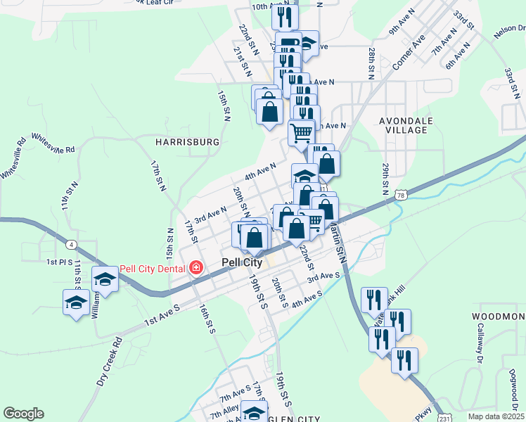 map of restaurants, bars, coffee shops, grocery stores, and more near 2108 3rd Avenue North in Pell City