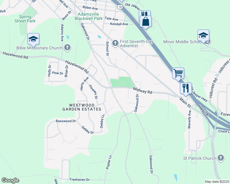 map of restaurants, bars, coffee shops, grocery stores, and more near 3933 Midway Road in Adamsville