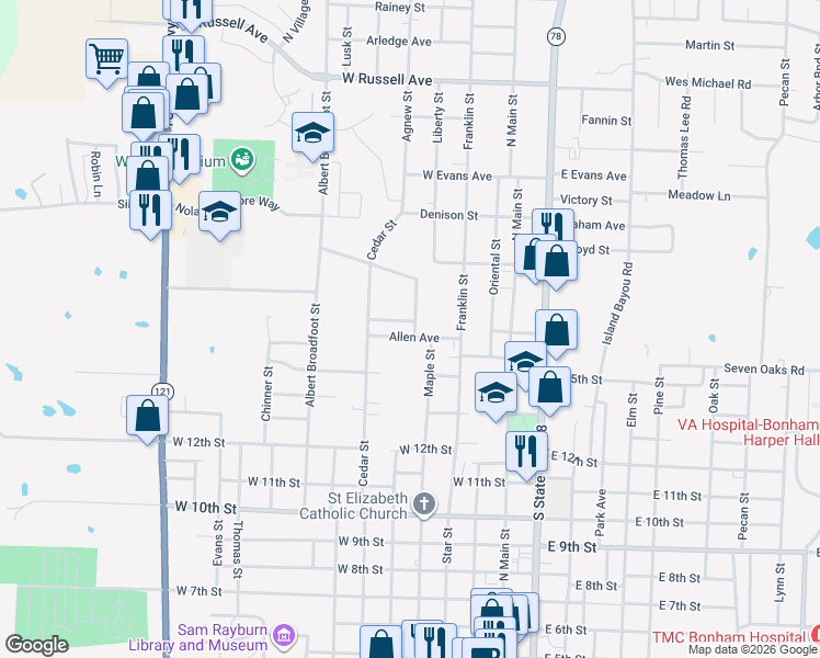 map of restaurants, bars, coffee shops, grocery stores, and more near 1601 Kennedy Street in Bonham