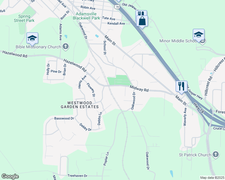 map of restaurants, bars, coffee shops, grocery stores, and more near 3933 Midway Rd in Adamsville