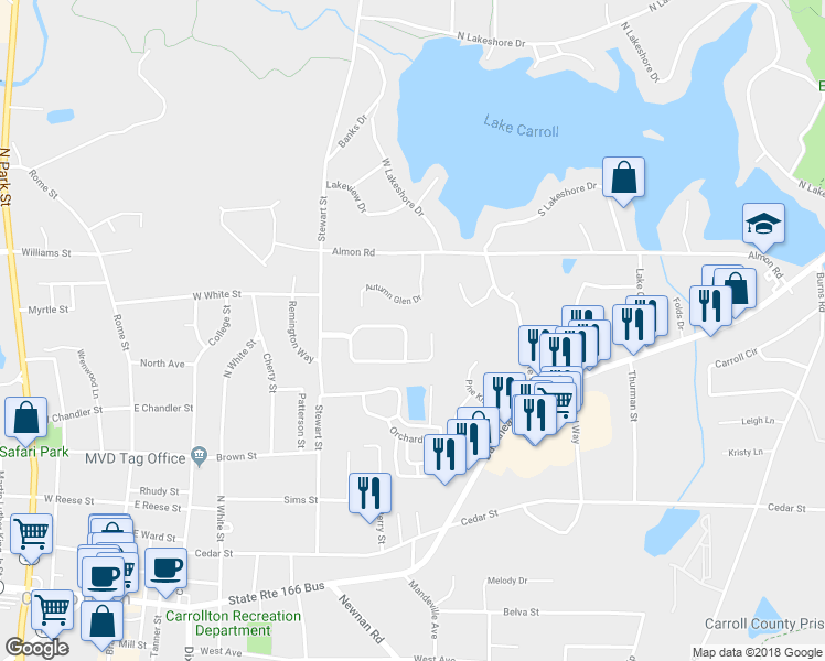 map of restaurants, bars, coffee shops, grocery stores, and more near 131 Ashgate Way in Carrollton