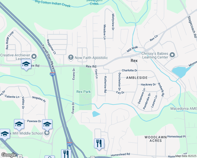 map of restaurants, bars, coffee shops, grocery stores, and more near 6062 Tina Lane in Rex