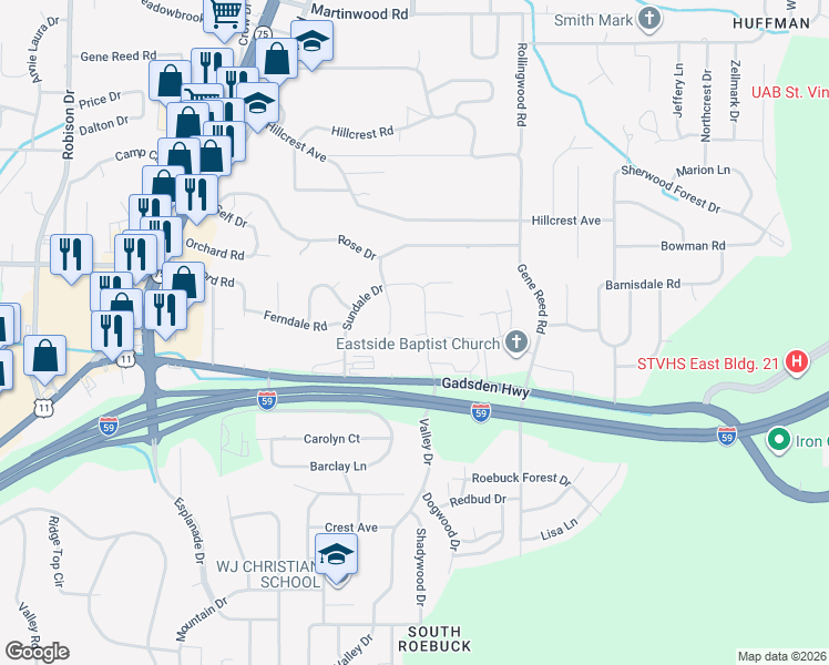 map of restaurants, bars, coffee shops, grocery stores, and more near 809 Libby Lane in Birmingham