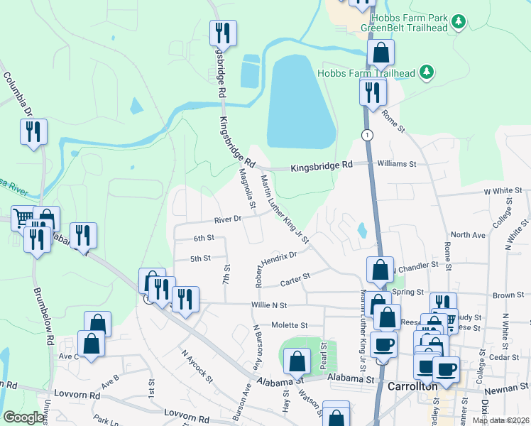 map of restaurants, bars, coffee shops, grocery stores, and more near 107 Magnolia Street in Carrollton