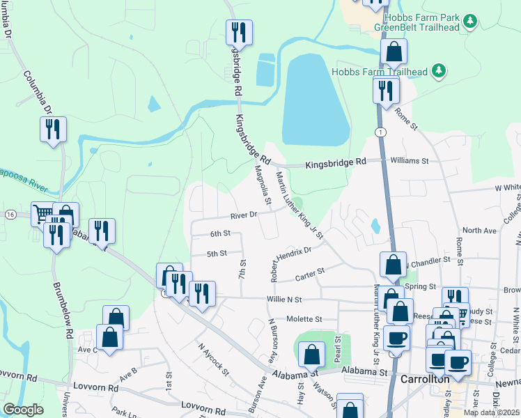 map of restaurants, bars, coffee shops, grocery stores, and more near River Dr/curtis Avenue in Carrollton