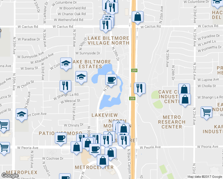 map of restaurants, bars, coffee shops, grocery stores, and more near 11225 North 28th Drive in Phoenix