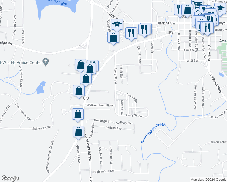 map of restaurants, bars, coffee shops, grocery stores, and more near 6106 Avery Street Southwest in Covington