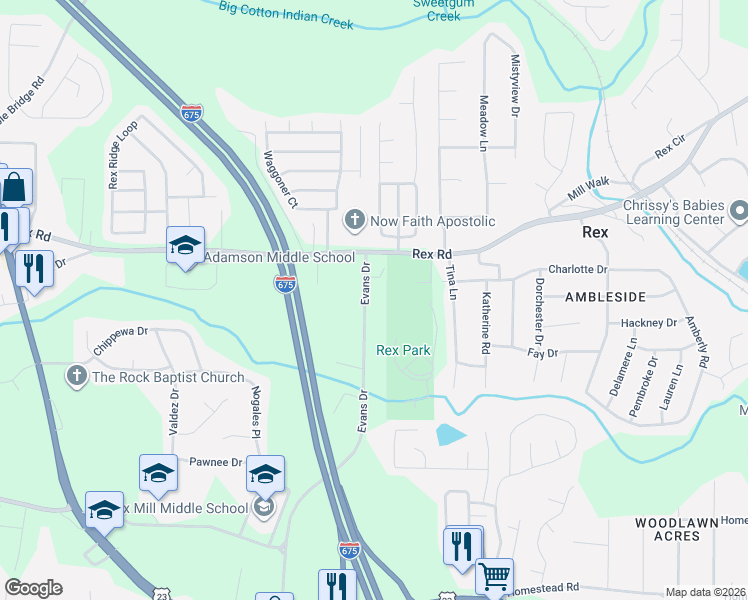 map of restaurants, bars, coffee shops, grocery stores, and more near 6060 Evans Drive in Rex