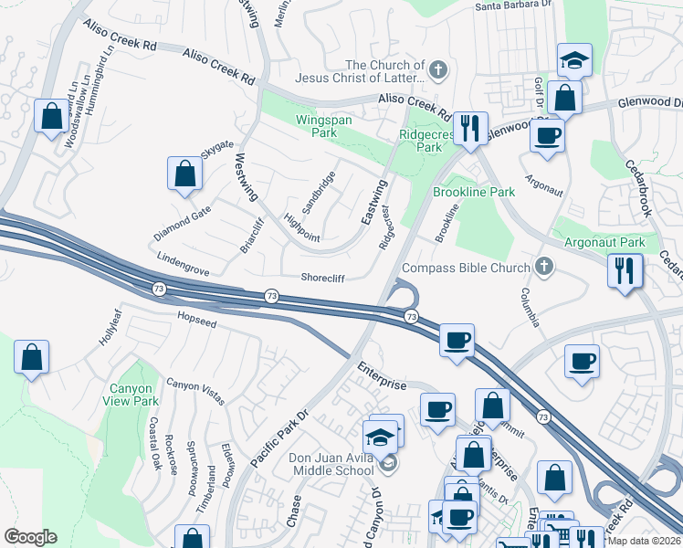 map of restaurants, bars, coffee shops, grocery stores, and more near 53 Shorecliff in Aliso Viejo