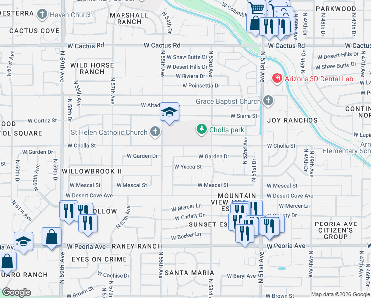 map of restaurants, bars, coffee shops, grocery stores, and more near 5413 West Cholla Street in Glendale