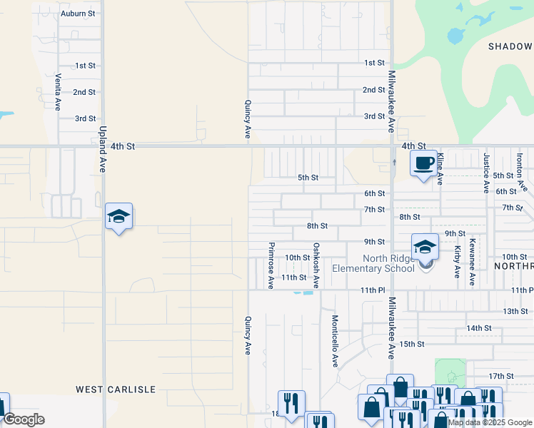 map of restaurants, bars, coffee shops, grocery stores, and more near 6802 7th Street in Lubbock