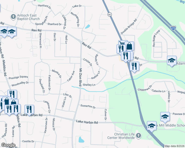 map of restaurants, bars, coffee shops, grocery stores, and more near 6071 Cristie Drive in Ellenwood