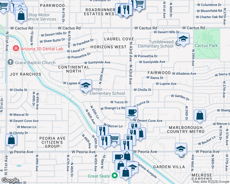 map of restaurants, bars, coffee shops, grocery stores, and more near 4348 West Cholla Street in Glendale