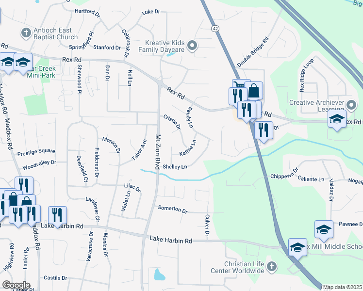 map of restaurants, bars, coffee shops, grocery stores, and more near 6071 Cristie Drive in Ellenwood