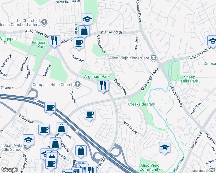 map of restaurants, bars, coffee shops, grocery stores, and more near 77 Montara Drive in Aliso Viejo