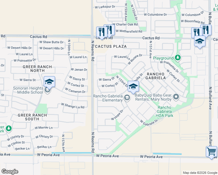 map of restaurants, bars, coffee shops, grocery stores, and more near 15457 West Sierra Street in Surprise