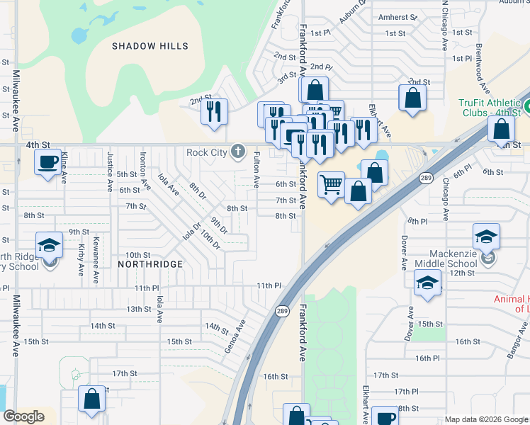 map of restaurants, bars, coffee shops, grocery stores, and more near 5826 7th Street in Lubbock