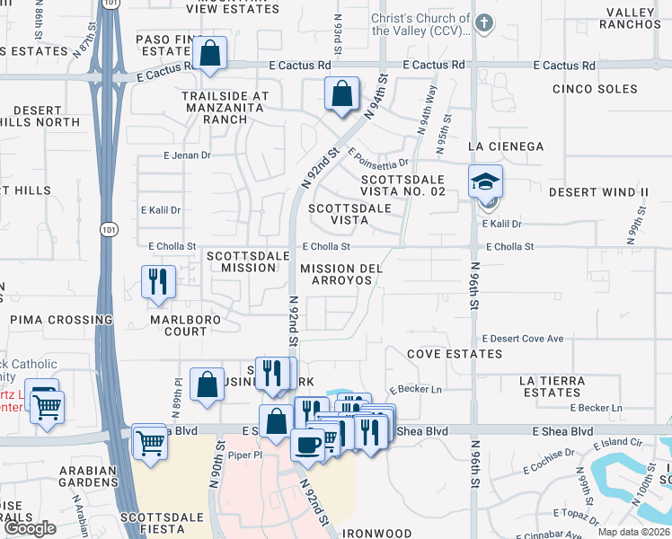 map of restaurants, bars, coffee shops, grocery stores, and more near 9303 East Lupine Avenue in Scottsdale