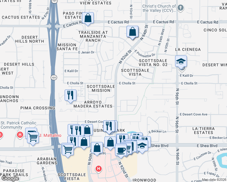 map of restaurants, bars, coffee shops, grocery stores, and more near 11260 North 92nd Street in Scottsdale