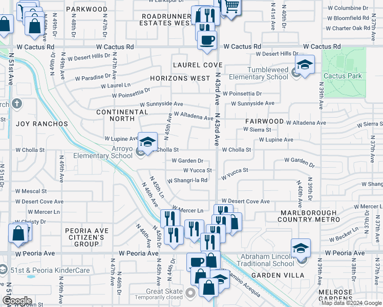 map of restaurants, bars, coffee shops, grocery stores, and more near 4348 West Cholla Street in Glendale