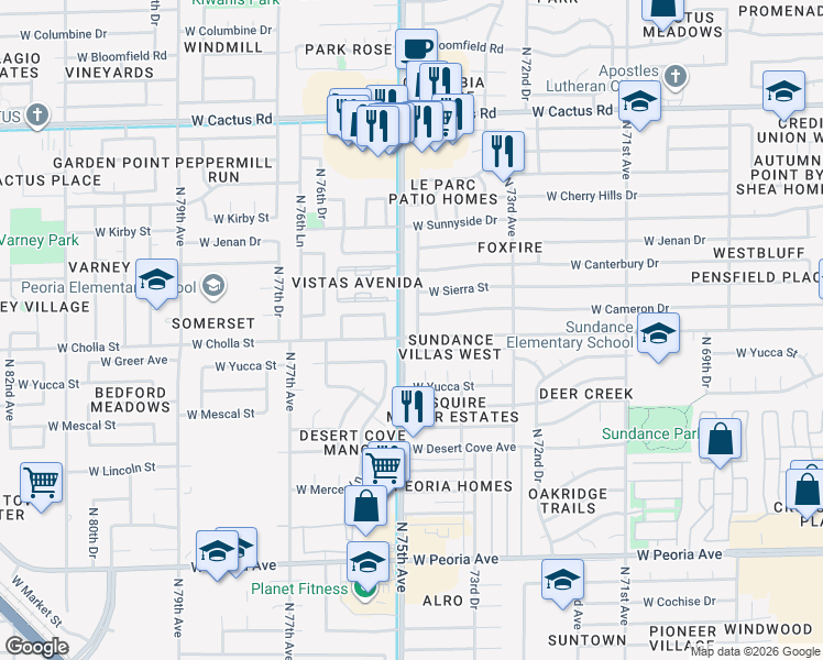 map of restaurants, bars, coffee shops, grocery stores, and more near 7434 West Cameron Drive in Peoria