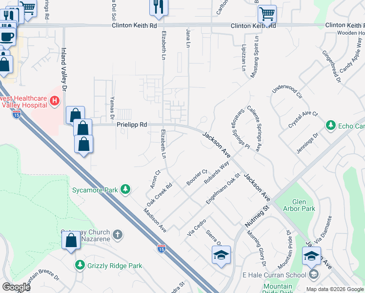 map of restaurants, bars, coffee shops, grocery stores, and more near 24875 Prielipp Road in Wildomar