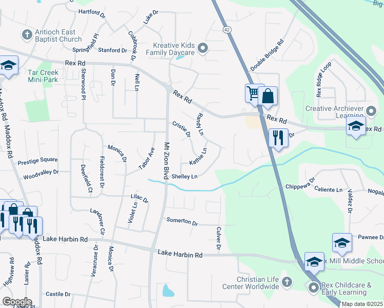 map of restaurants, bars, coffee shops, grocery stores, and more near 6071 Cristie Drive in Ellenwood