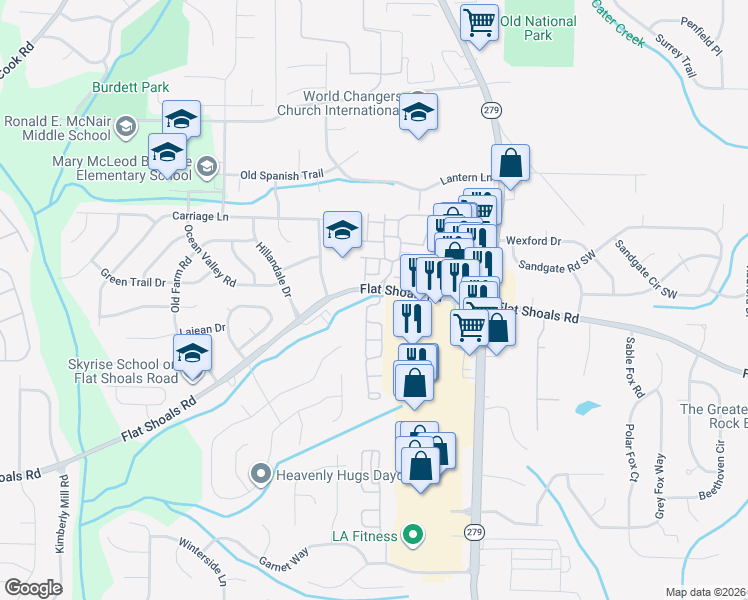 map of restaurants, bars, coffee shops, grocery stores, and more near 6035 Centennial Run in Atlanta