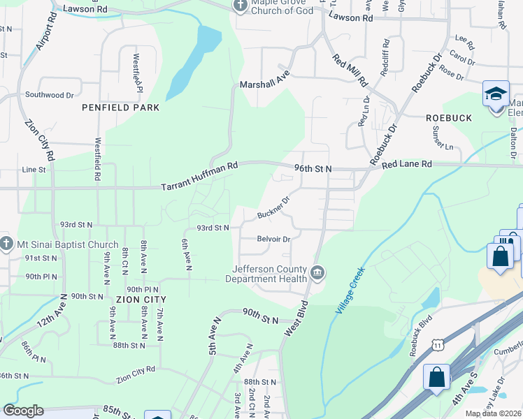 map of restaurants, bars, coffee shops, grocery stores, and more near 301 Tarrant Huffman Road in Birmingham