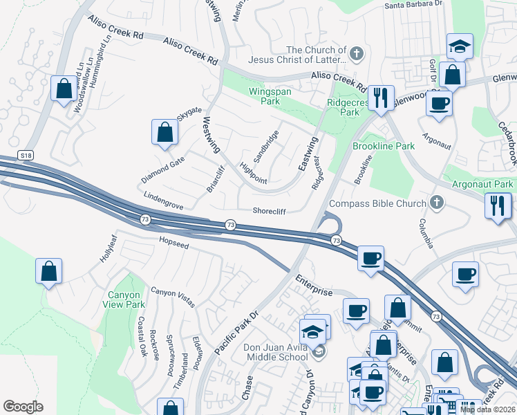 map of restaurants, bars, coffee shops, grocery stores, and more near 35 Shorecliff in Aliso Viejo