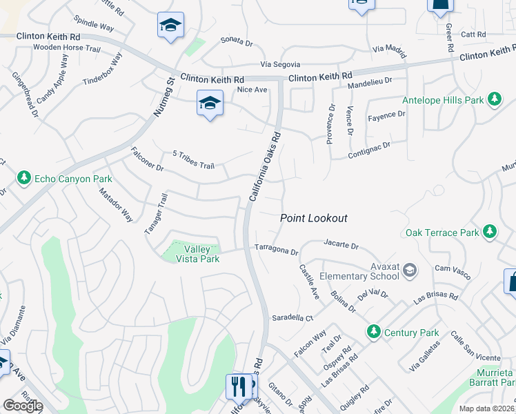 map of restaurants, bars, coffee shops, grocery stores, and more near 39774 Western Jay Way in Murrieta