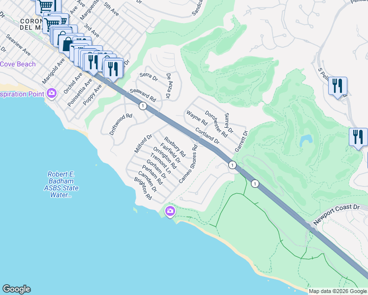 map of restaurants, bars, coffee shops, grocery stores, and more near 4621 Hampden Road in Newport Beach