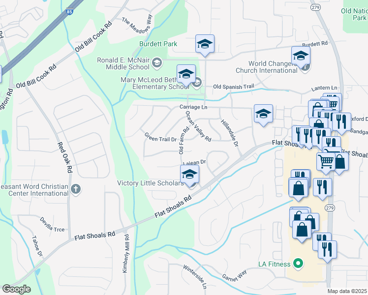 map of restaurants, bars, coffee shops, grocery stores, and more near 2900 Old Farm Road in College Park