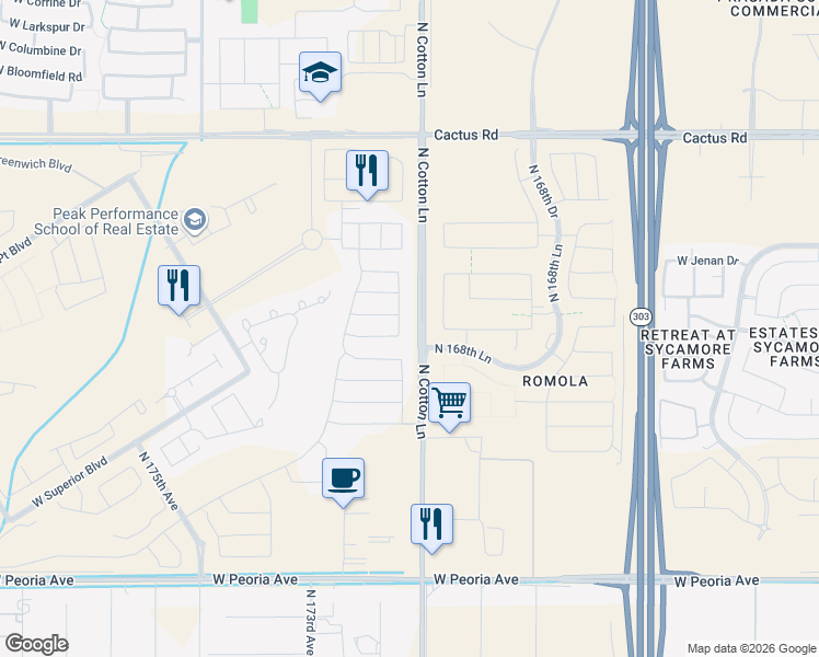 map of restaurants, bars, coffee shops, grocery stores, and more near 17152 West Wildwood Street in Surprise
