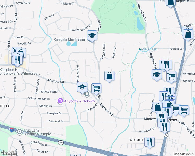 map of restaurants, bars, coffee shops, grocery stores, and more near 6042 Foxcroft Court in Morrow