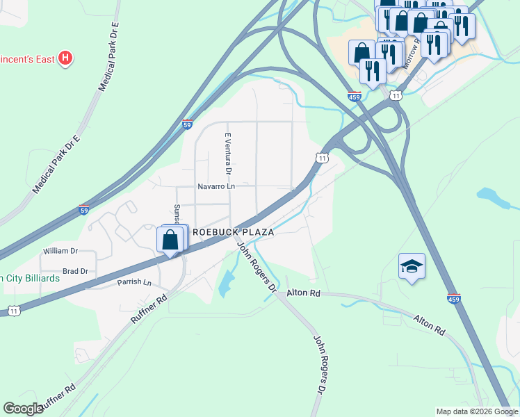 map of restaurants, bars, coffee shops, grocery stores, and more near 1128 Gadsden Highway in Birmingham