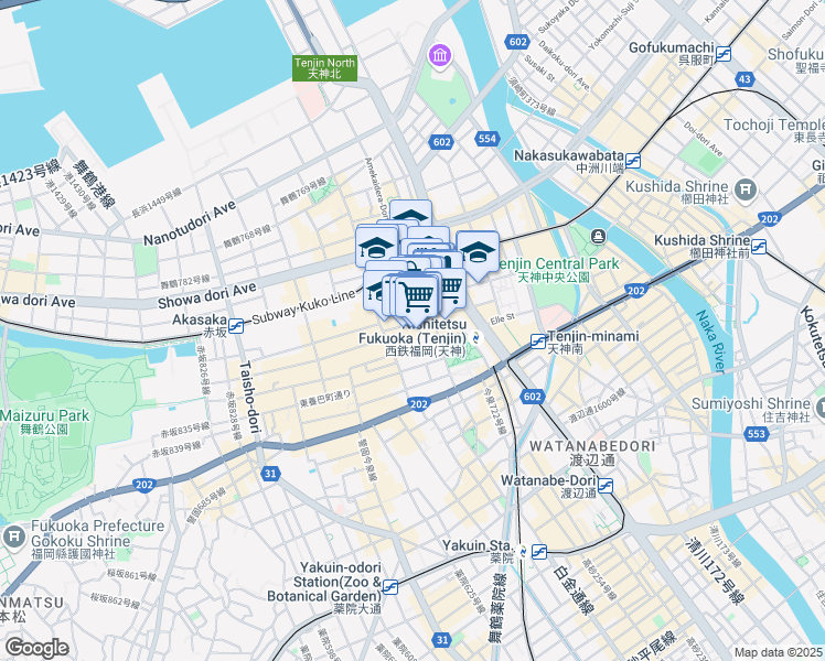 map of restaurants, bars, coffee shops, grocery stores, and more near in Fukuoka