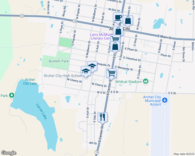 map of restaurants, bars, coffee shops, grocery stores, and more near 213 West Cottonwood Street in Archer City