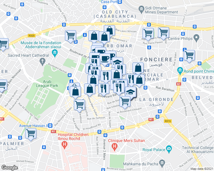 map of restaurants, bars, coffee shops, grocery stores, and more near 11 Rue El Wahda in Dar-el-Beida