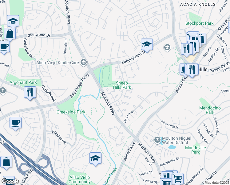 map of restaurants, bars, coffee shops, grocery stores, and more near 12 Sparrow Hill Lane in Laguna Hills