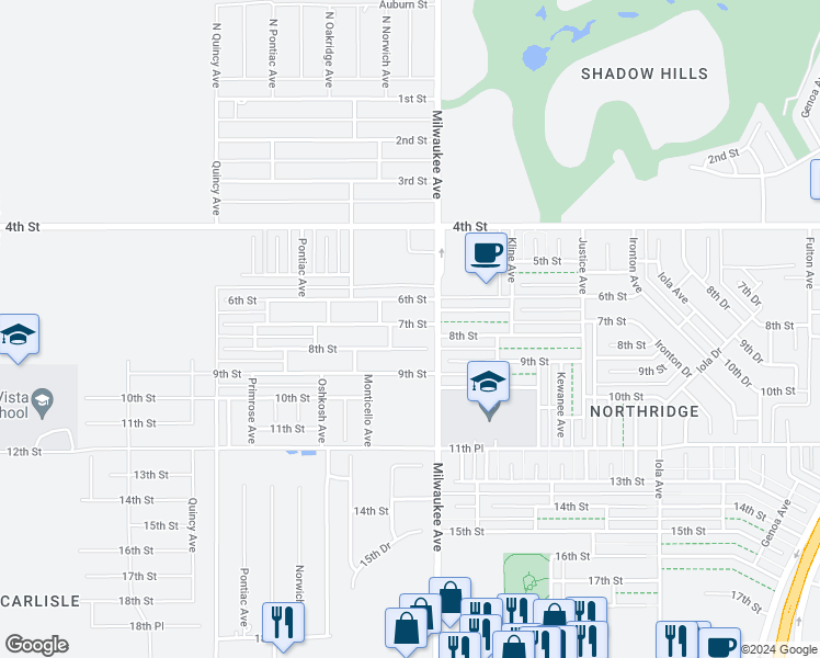 map of restaurants, bars, coffee shops, grocery stores, and more near 6509 7th Street in Lubbock