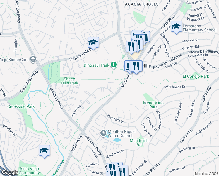 map of restaurants, bars, coffee shops, grocery stores, and more near 25952 Via Lomas in Laguna Hills