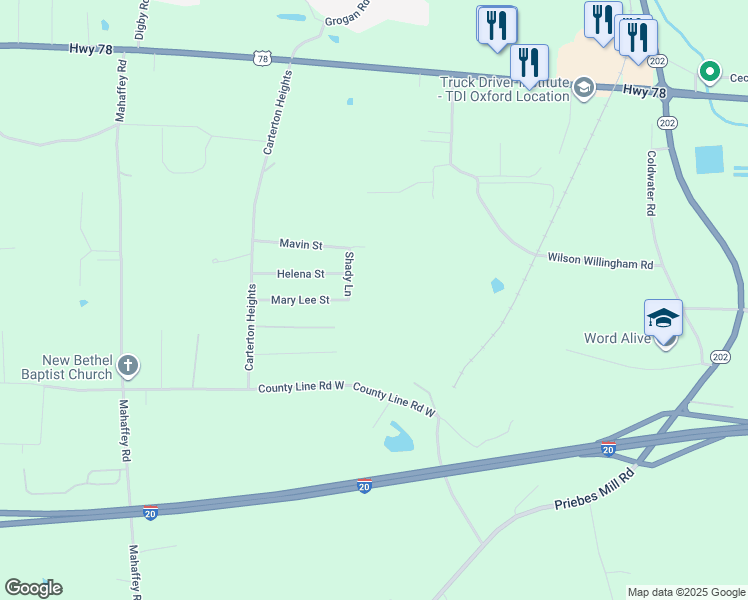 map of restaurants, bars, coffee shops, grocery stores, and more near 115 Shady Lane in Eastaboga