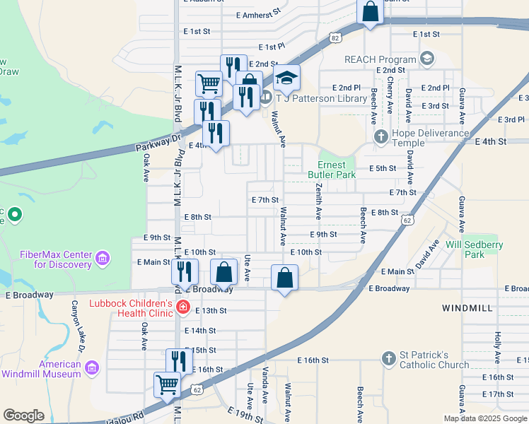 map of restaurants, bars, coffee shops, grocery stores, and more near 2016 East 7th Street in Lubbock