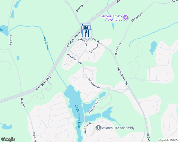 map of restaurants, bars, coffee shops, grocery stores, and more near 491 Greyhawk Way in Fairburn
