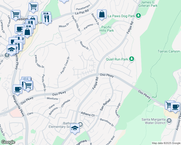 map of restaurants, bars, coffee shops, grocery stores, and more near 57 Melrose Drive in Mission Viejo